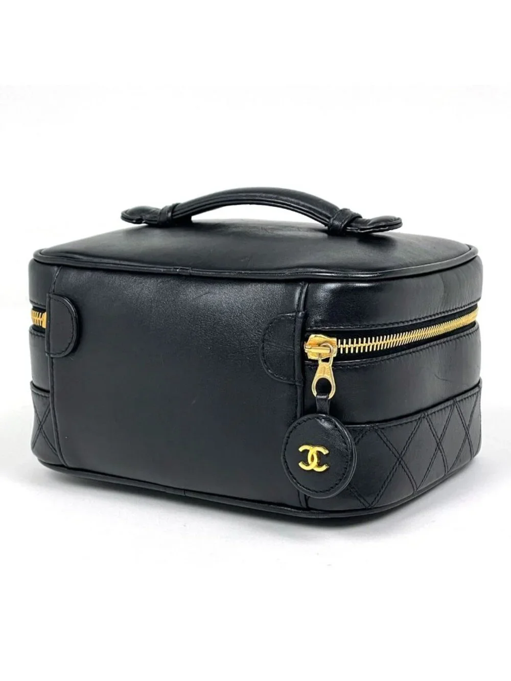 Chanel CC Logo Vanity Bicolor Makeup Pouch Leather Black